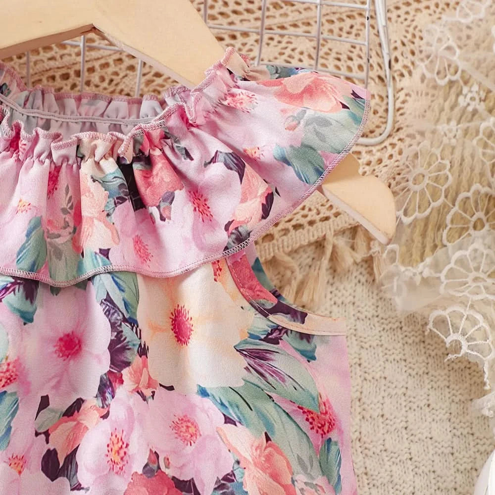 Kids Casual Summer Clothing Sets Outfits for Girls 2024 New Toddler Floral Print Ruffles Tops Short Pant Fashion Children 1-8Y - M & M Global