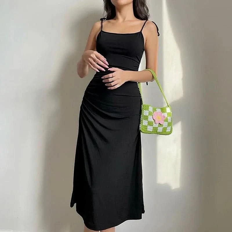 Fashion Strappy Ruched Sexy Black Dress Irregular Elegant Backless Long Dress Party Summer Dresses Women Clothes Vintage Dress - M & M Global