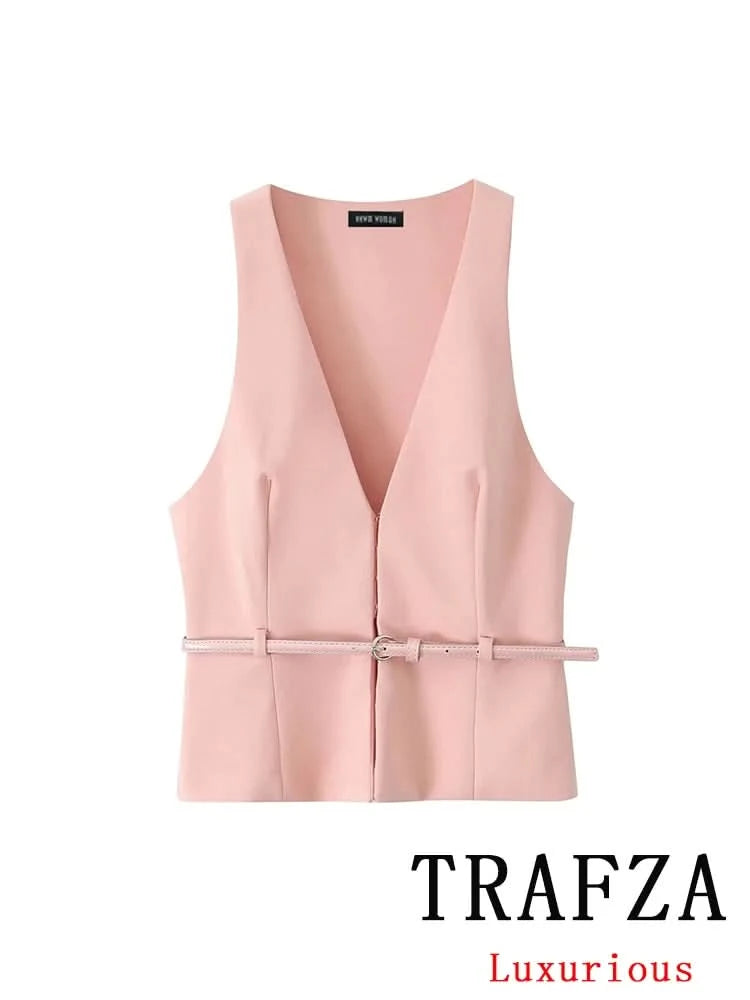 TRAFZA Vintage Chic Solid Women Suit V Neck Sleeveless Sashes Vest Blazer Straight Shorts New Fashion 2025 Summer Office Sets - M & M Global