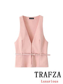 TRAFZA Vintage Chic Solid Women Suit V Neck Sleeveless Sashes Vest Blazer Straight Shorts New Fashion 2025 Summer Office Sets - M & M Global