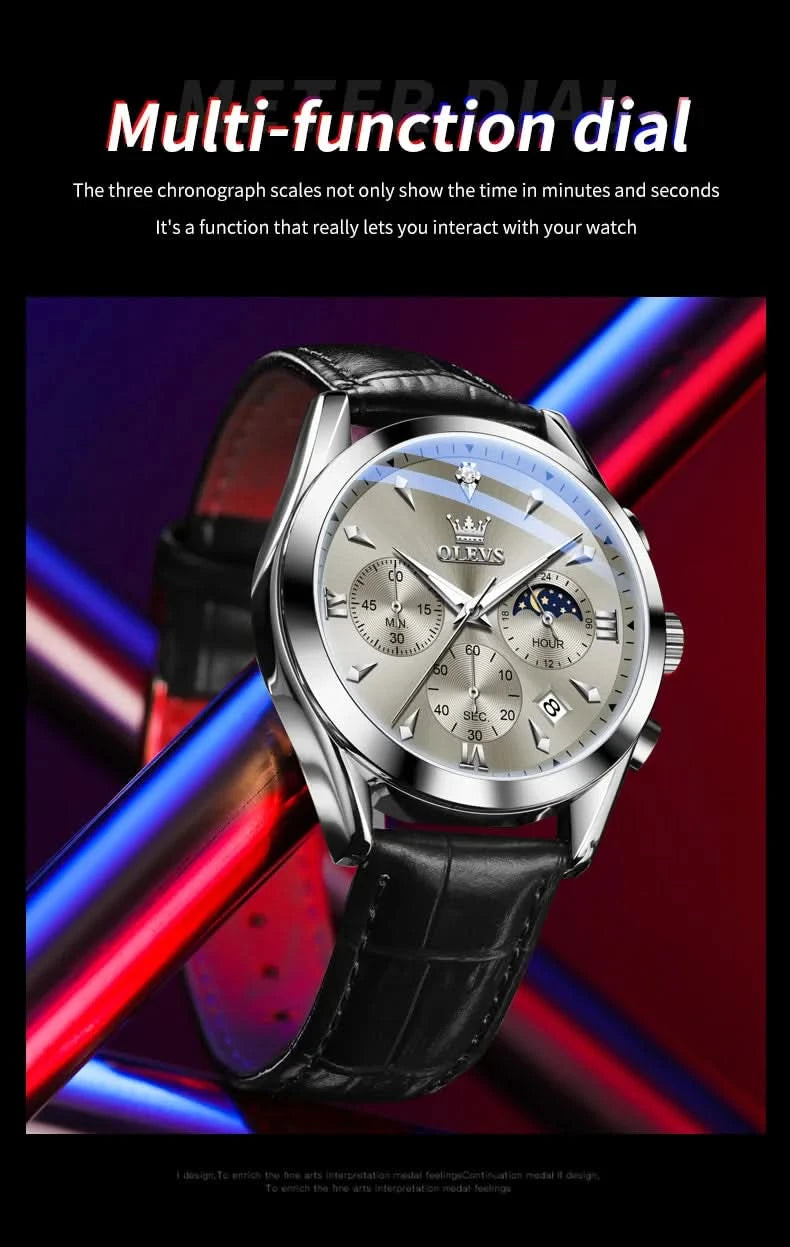 OLEVS Original Watch Leather Strap Moon Phase Luminous Quartz Watches for Man Waterproof Calendar Business Trend Wristwatch - M & M Global