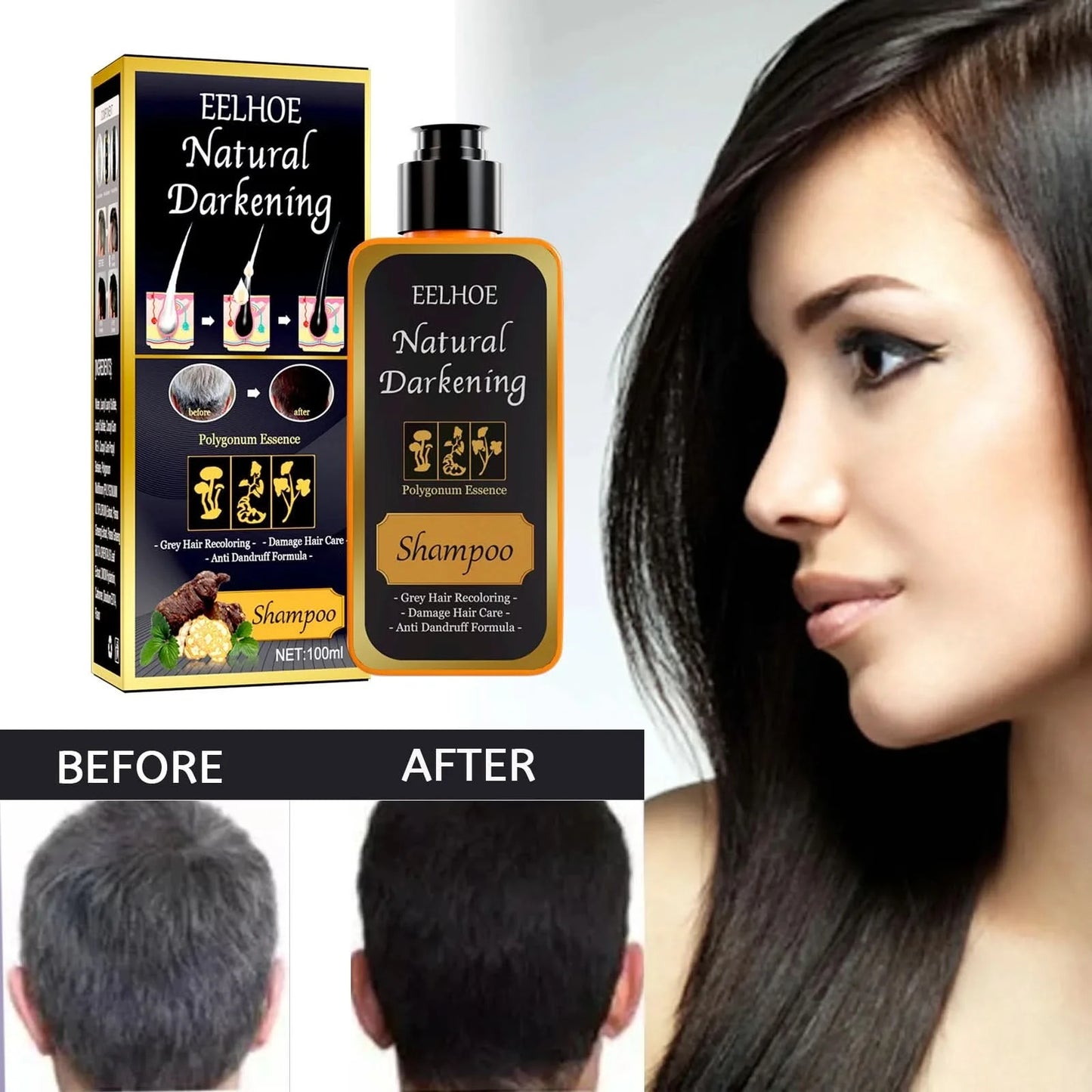 Hair Darkening Shampoo Repair Gray White Natural Color Dye Anti Scalp Itchy Care Dandruff Removal Polygonum Black Hair Shampoo - M & M Global