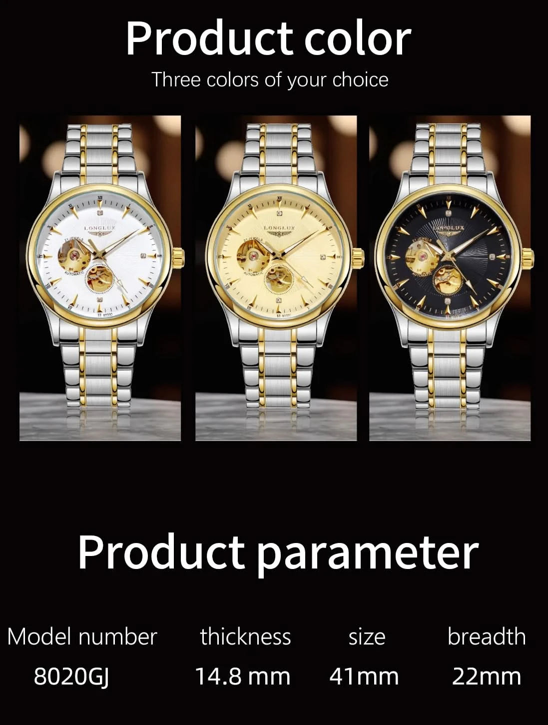 LONGLUX Men automatic mechanical watch elegant luxury watches waterproof skeleton business wholesale stainless steel gift watch - M & M Global