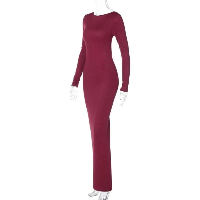 Dulzura O-Neck Long Sleeves Ruched Backless Maxi Dress Solid Sexy Elegant Long Dress Women’S Party Prom Clubwear Autumn Winter - M & M Global