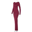 Dulzura O-Neck Long Sleeves Ruched Backless Maxi Dress Solid Sexy Elegant Long Dress Women’S Party Prom Clubwear Autumn Winter - M & M Global