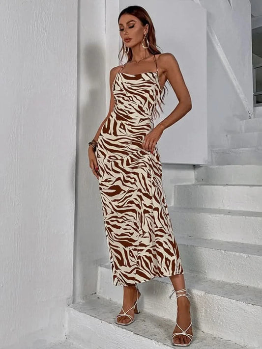 Women Sundress Summer Women Leopard Print Sexy Halter Beach Long Dress Backless Elegant Dresses Casual Resort Style Clothes - M & M Global