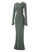 Women's Autumn Winter Knitted Bodycon Dress Long Sleeve Tie Backless Round Neck Solid Color Ruffle Trim Long Dress Beachwear - M & M Global