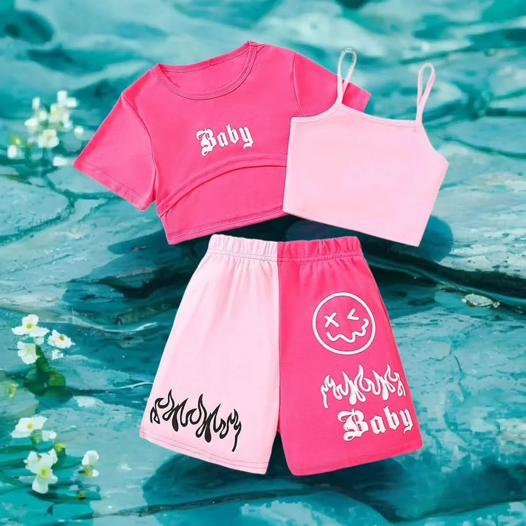 New Kids Girls Clothing Set Summer Short Sleeve Fashion Three Piece Girls Suit Color Block Children Outfits Girls Clothes 8-12Y - M & M Global