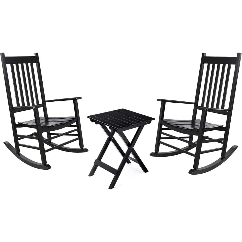 Outdoor Rocking Chair Set, Wood Porch Rocker, 2 Wooden Rocking Chair With Outdoor Side Table, Perfect for Indoor or Outdoor, All