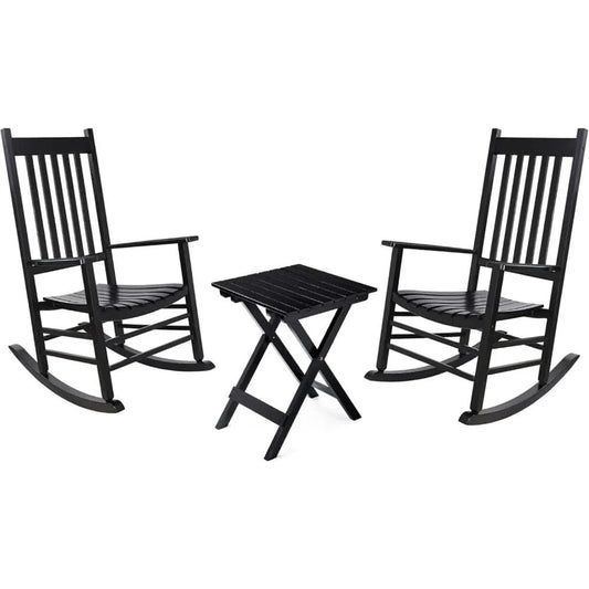 Outdoor Rocking Chair Set, Wood Porch Rocker, 2 Wooden Rocking Chair With Outdoor Side Table, Perfect for Indoor or Outdoor, All