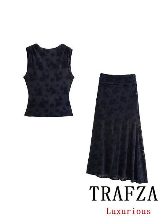 TRAFZA Vintage Casual Chic Women Flocking Suit O-Neck Backless Sleeveless Top Asymmetrical Long Skirt Fashion 2025 Spring Suit - M & M Global