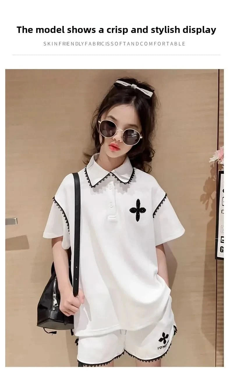 Girls Summer Polo Shirt Set Ruffle Collar T-Shirt Shorts Two-Piece Korean Style Mid-Big Children Fashionable Clothing - M & M Global