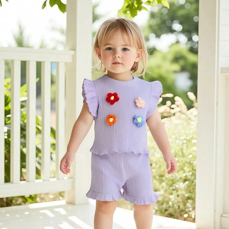 Girls Sleeveless Floral Tank Top and Shorts Set Summer 2-Piece Outfit with Crew Neck Cute Toddler Girls Clothing - M & M Global