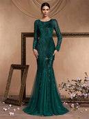 Elegant Long Sleeves Sequin Tulle Evening Dresses 2025 Women Luxury Mermaid Formal Bridesmaid Party Maxi Prom Dress