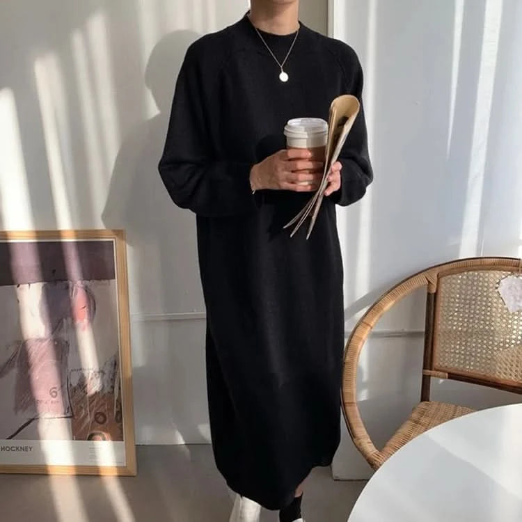 REALEFT Autumn Winter 2023 New O-Neck Casual Loose Knitted Dress Female Straight Long Sleeve Oversize Sweater Womens Long Dress - M & M Global