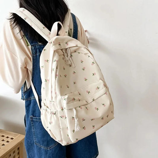 Student School Backpack Floral White School Bags For Teenage Girls Cute Women's Backpack Book Bag Nylon Rucksack - M & M Global