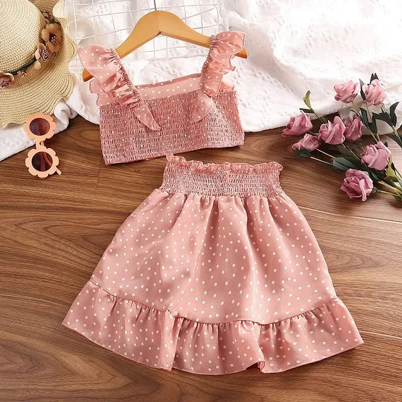 Girls' Clothing Set 5-12T Tri-Color Optional Flying Sleeve Square Collar Vest Top + Lace Skirts  Children Girls Baby Clothes Set - M & M Global