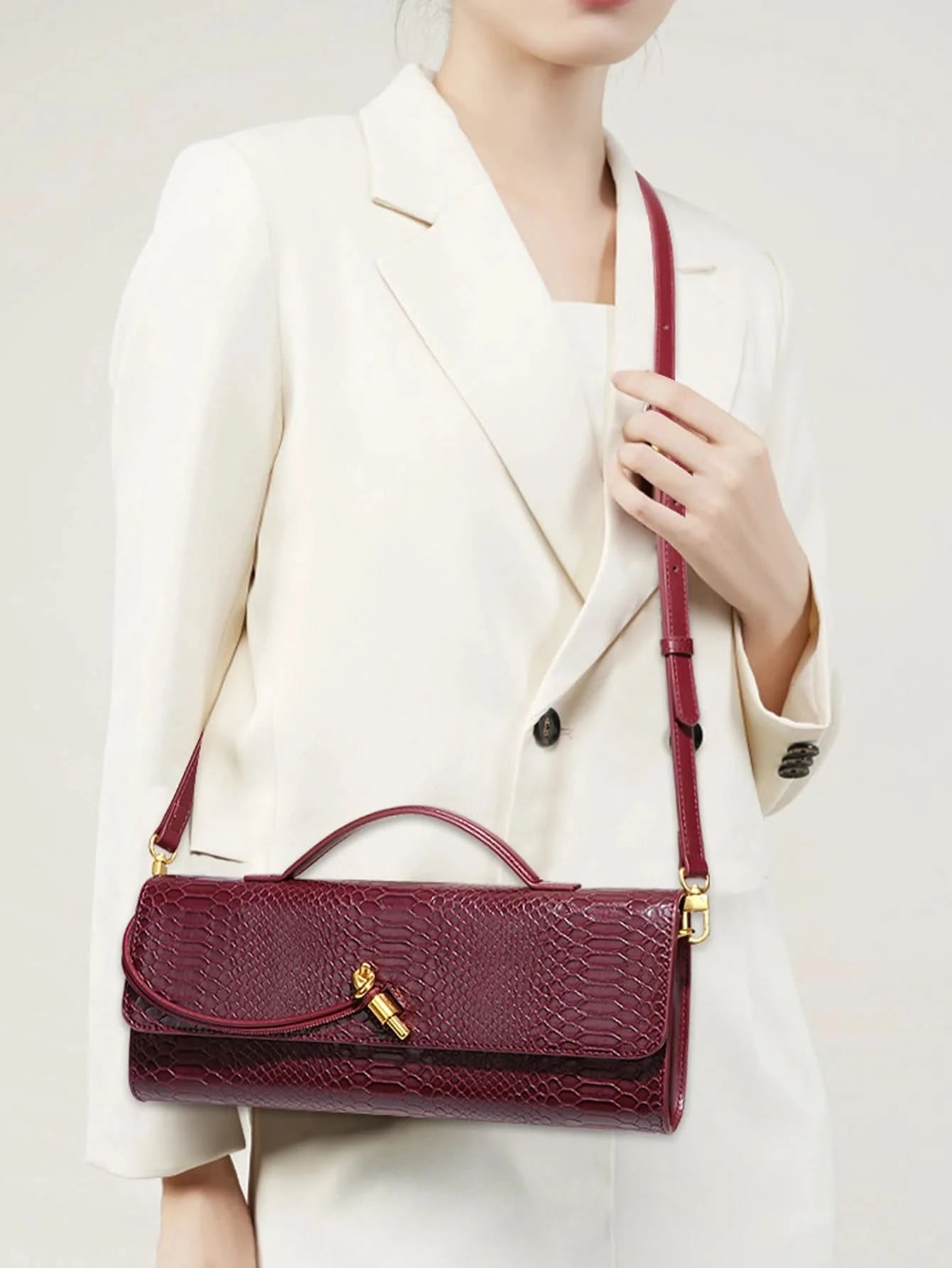 Burgundy bag cherry red envelope wine red envelope upscale new handbag European and American fashion crocodile flip hand organ b - M & M Global