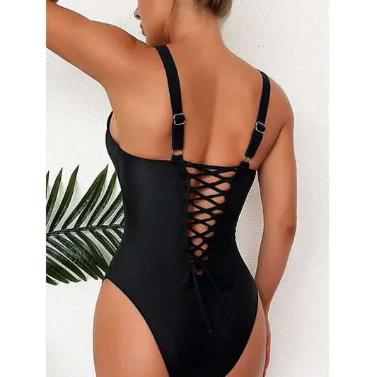 Women s-xxl size swimsuit One Piece black back bandage bikini Swimwear high waist bathing suit beach outfits bodysuit biquini - M & M Global