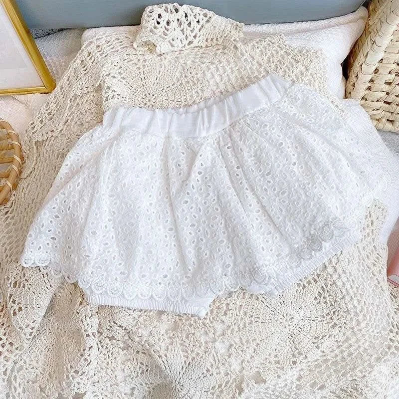2PCS Kids Sets Summer Girl Clothes Children Hollow Lace Sleeveless Tops Shorts Set Fashion Baby Girl Cardigan Fake Two Suit - M & M Global