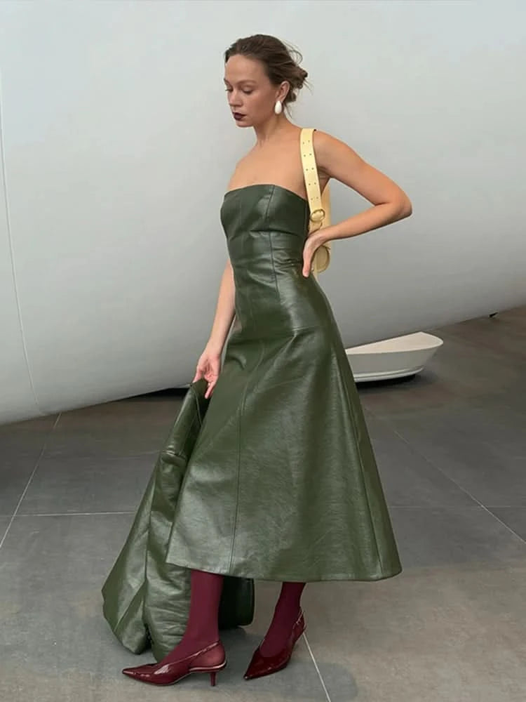 PU Leather Strapless Dresses Coat Women's Two Pieces Set Vintage Tube Sleeveless Slim Long Dress Lapel Jackets Street Outfits - M & M Global