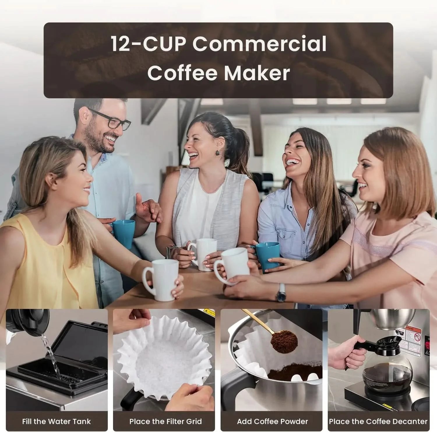 12-Cup Commercial Coffee Maker, Pour Over Drip Coffee Maker Brewer with 3 Lower Warmers and 3 Glass Decanters, Stainless Steel C - M & M Global