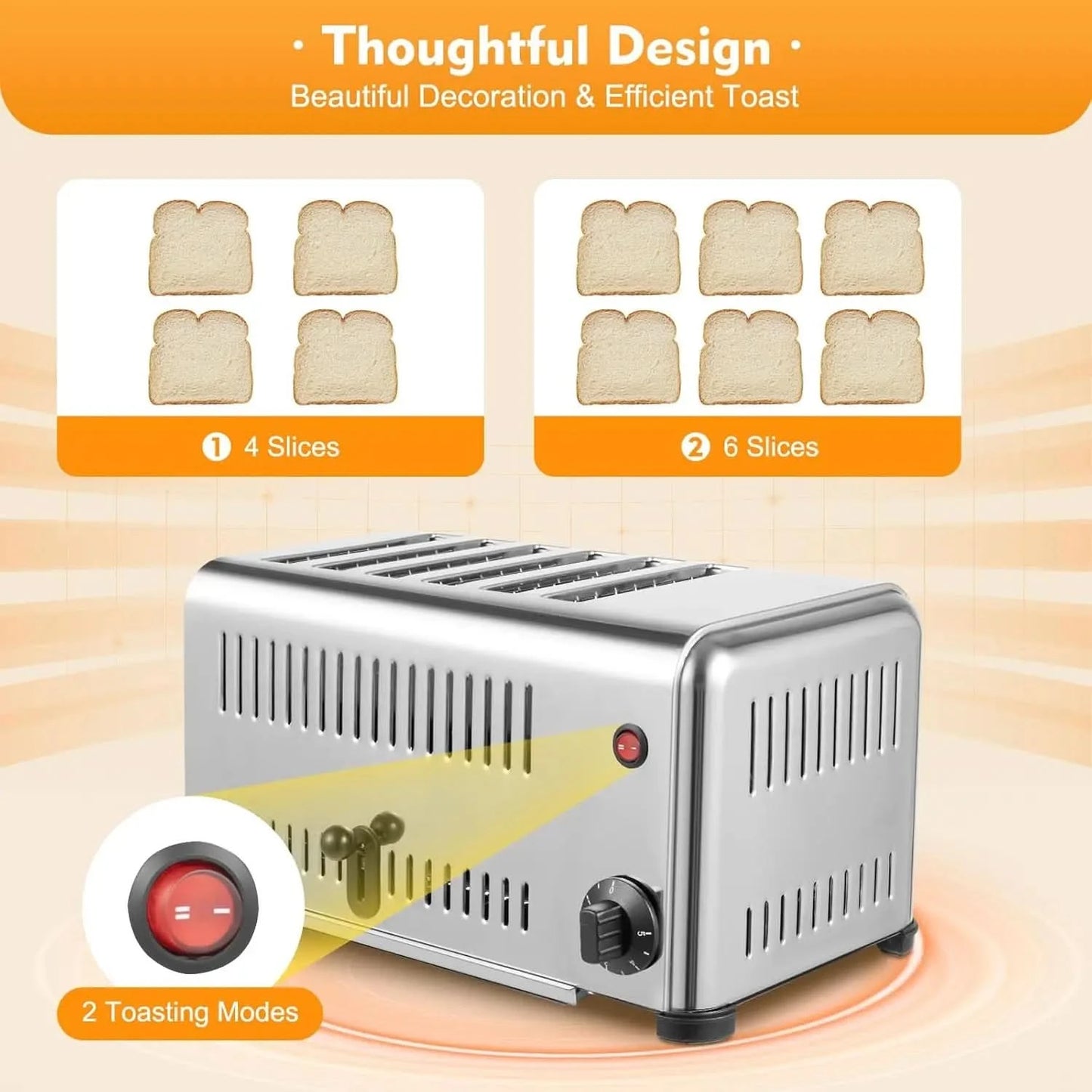 Commercial Toaster, Stainless Steel 6 Slice Toaster Machine 1680w Electric Toaster 6 Bread Slots for Restaurant Hotel Home Kitch - M & M Global