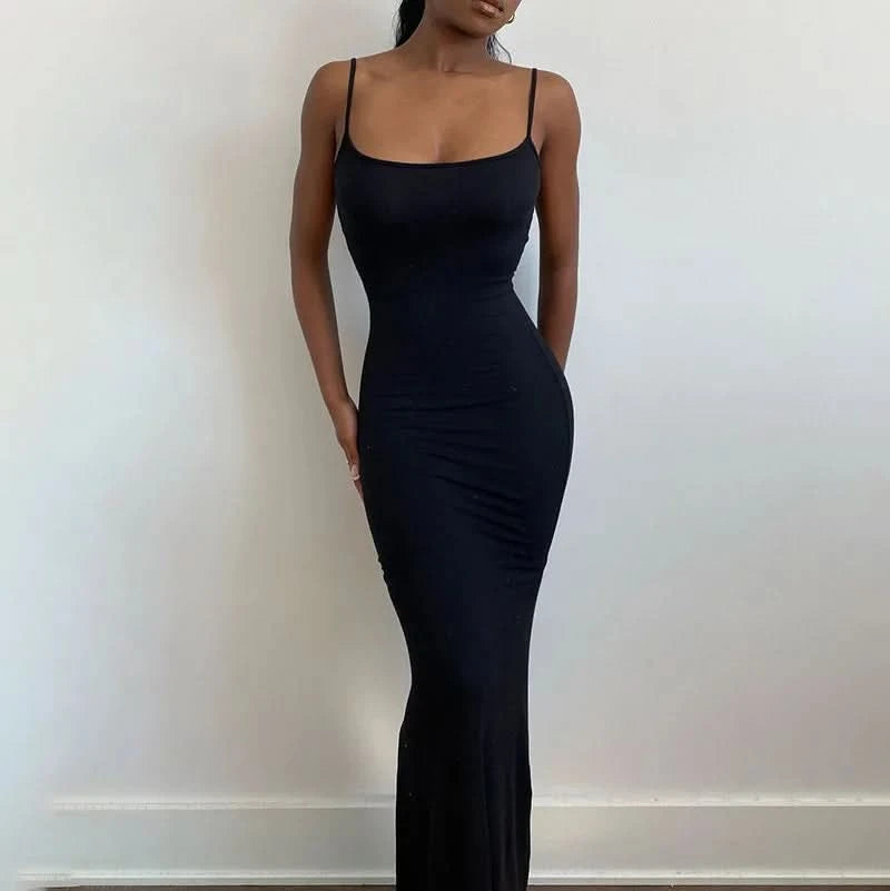 Slim Black Knitted LONG Dress Summer Solid Women Dress Ultimate Waist To Hip Ratio Sling Dress blue sexy pink casual outfit - M & M Global