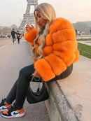 DEAT Fashion Orange Imitation Fox Fur Grass Coat Women's Round Neck Plush Thick Jacket Winter New 7A1578