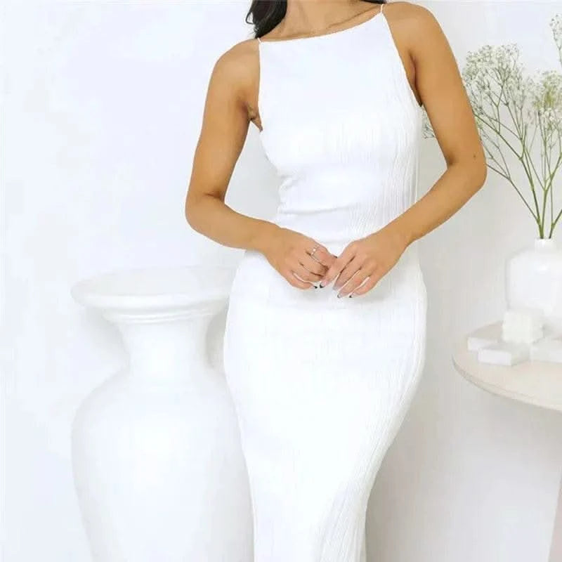2024 Sexy Women Long Dress Ruched Sleeveless Slim Solid Summer Party Back Split Dress Clubwear Female Vestido Outfits - M & M Global