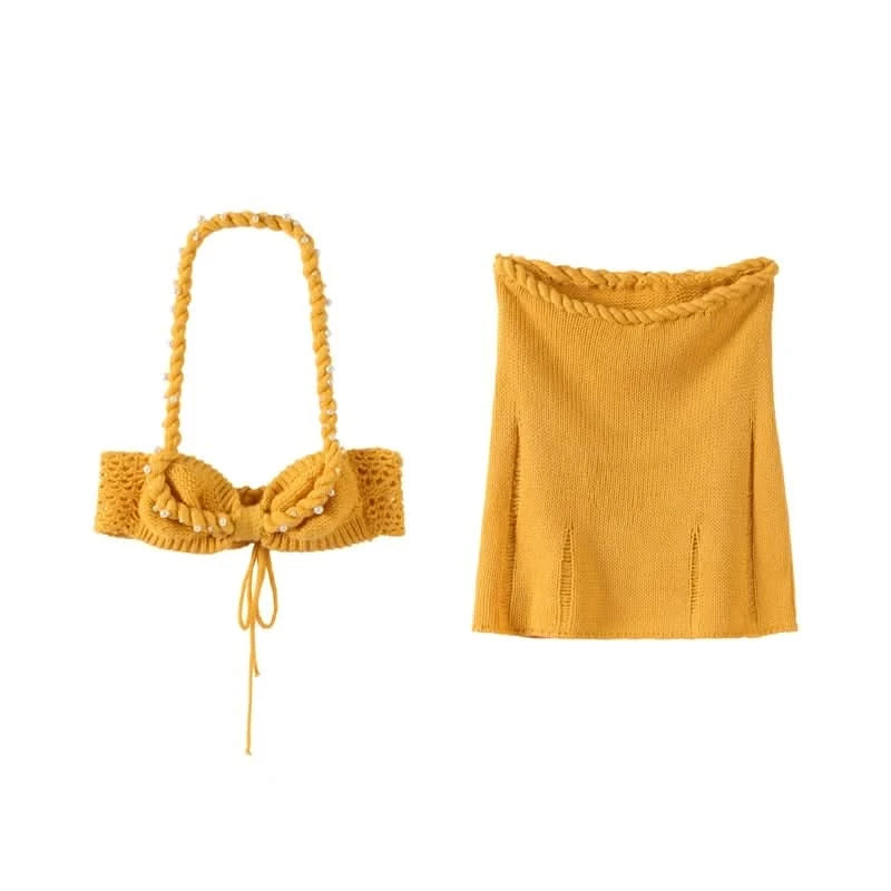 Sexy Beading Halter Bikini Mini Skirt Sets Women Backless Twist Crop Top High Waist Hip Package Skirts 2025 Spring Lady Outfit - M & M Global