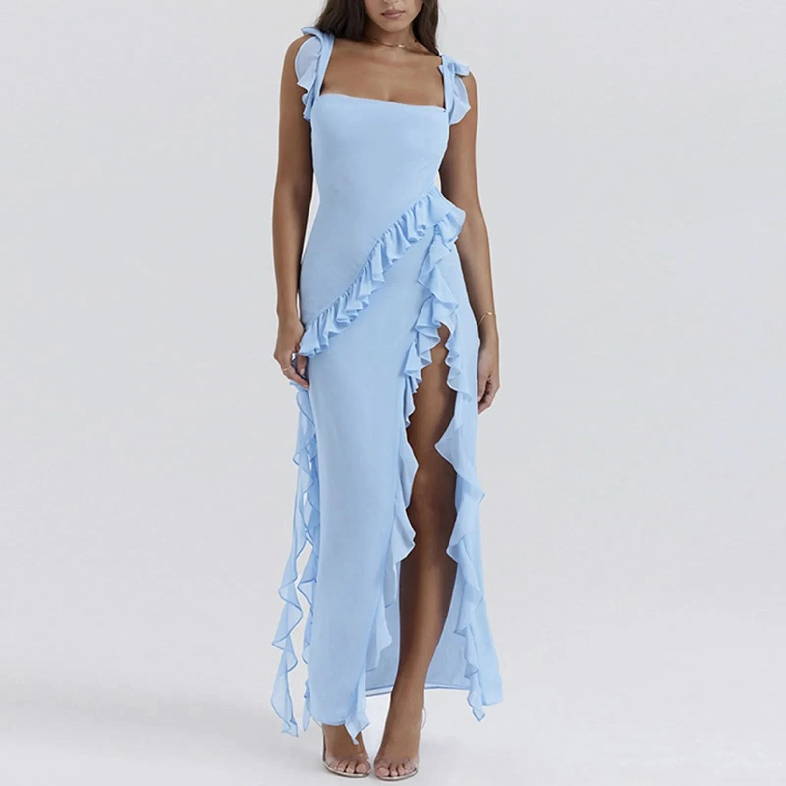 Elegant High Slit Streamer Ladies Dress Sexy Square Neck Slip Dresses Hot Girl Style Long Dress Ruffle Irregular Party Dresses - M & M Global