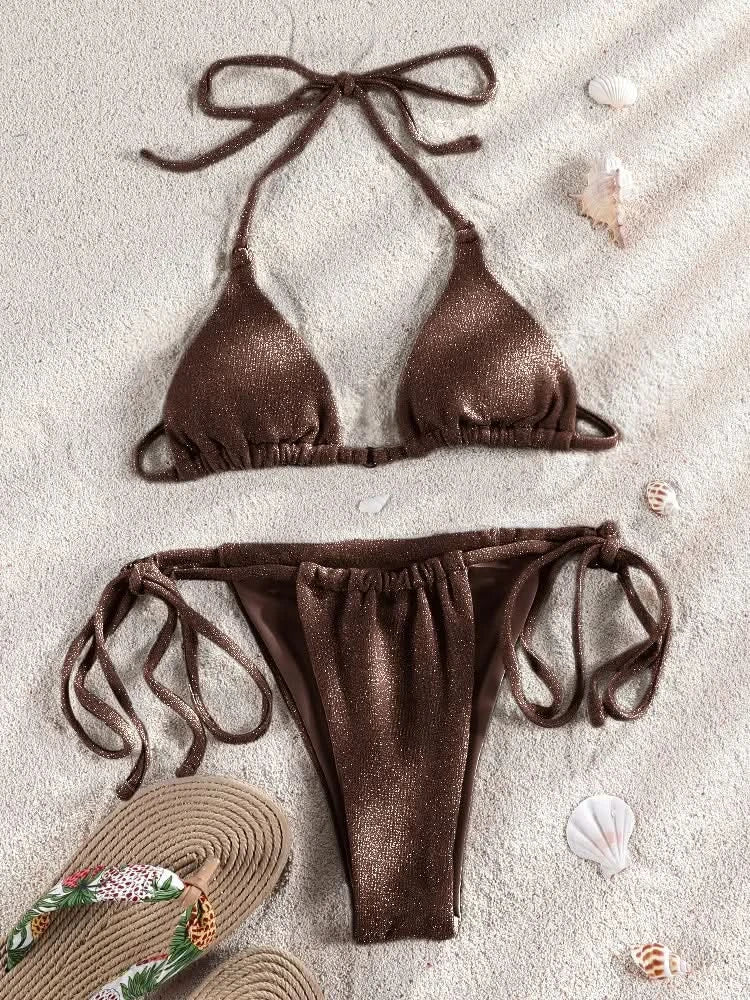 Solid Color Bikini Set Shiny Swimwear Women Shiny Swimsuit Bandage Bikinis Micro Thong Biquini Brazilian Beachwear - M & M Global