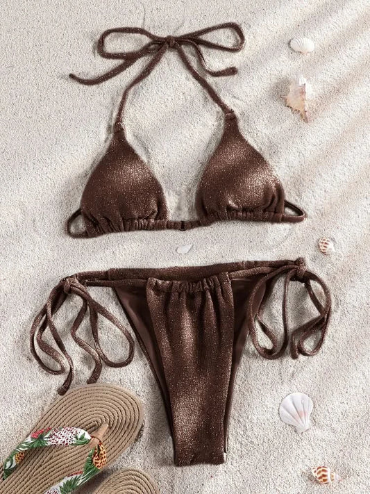 Solid Color Bikini Set Shiny Swimwear Women Shiny Swimsuit Bandage Bikinis Micro Thong Biquini Brazilian Beachwear - M & M Global
