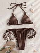 Solid Color Bikini Set Shiny Swimwear Women Shiny Swimsuit Bandage Bikinis Micro Thong Biquini Brazilian Beachwear - M & M Global