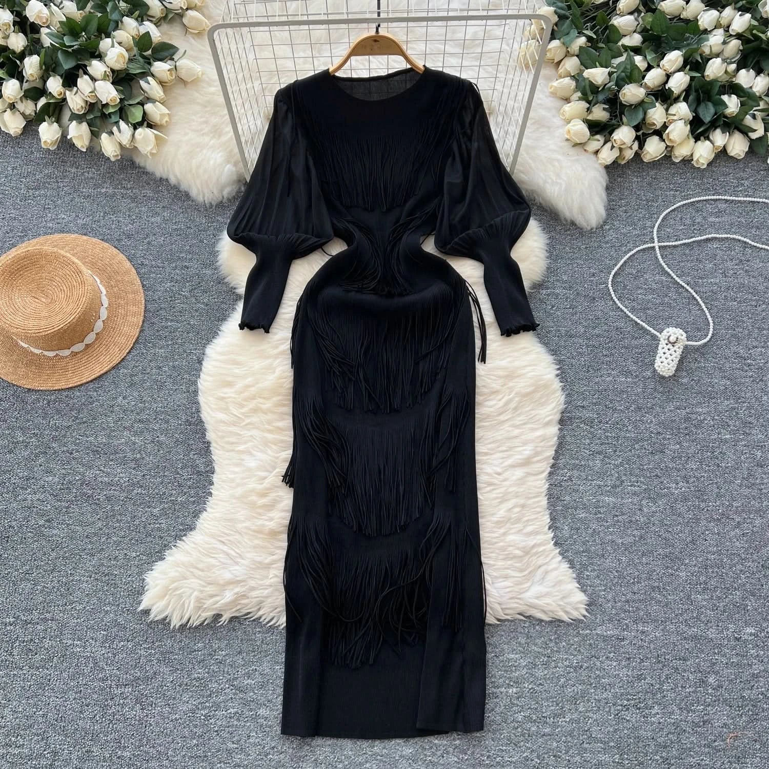 Vintage O-Neck Elegant Long Lantern Sleeve Chic Tassel Slim Long Dress French Fashion Evening High Street Autumn Winter Clothing - M & M Global