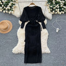 Vintage O-Neck Elegant Long Lantern Sleeve Chic Tassel Slim Long Dress French Fashion Evening High Street Autumn Winter Clothing - M & M Global
