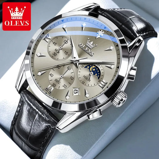 OLEVS Original Watch Leather Strap Moon Phase Luminous Quartz Watches for Man Waterproof Calendar Business Trend Wristwatch - M & M Global