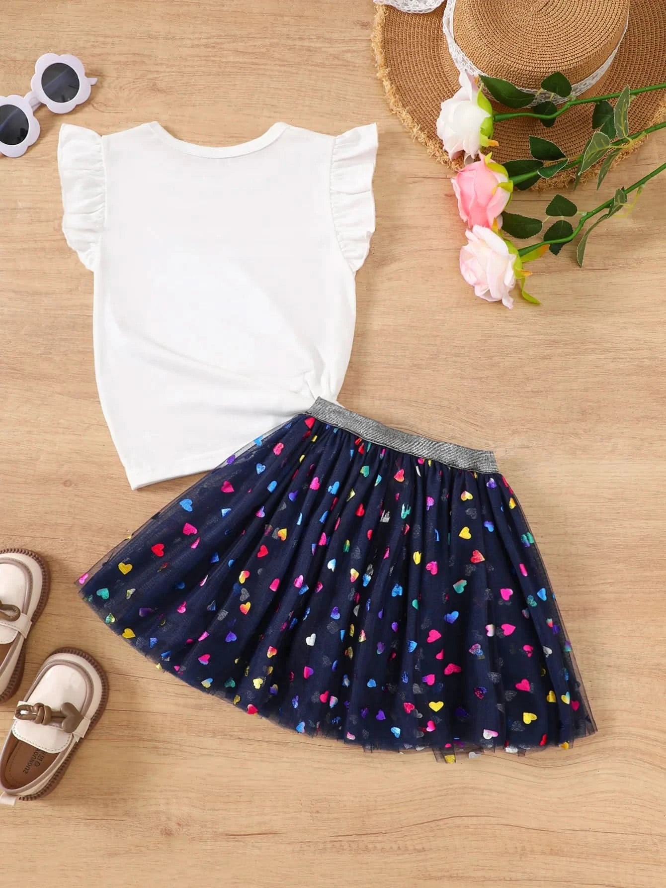 Summer toddler Girls' Clothing Sets Heart Print Short-Sleeved Tops Colorful hearts Tutu Skirt 2Pcs Outfits Valentine's Day Gift - M & M Global