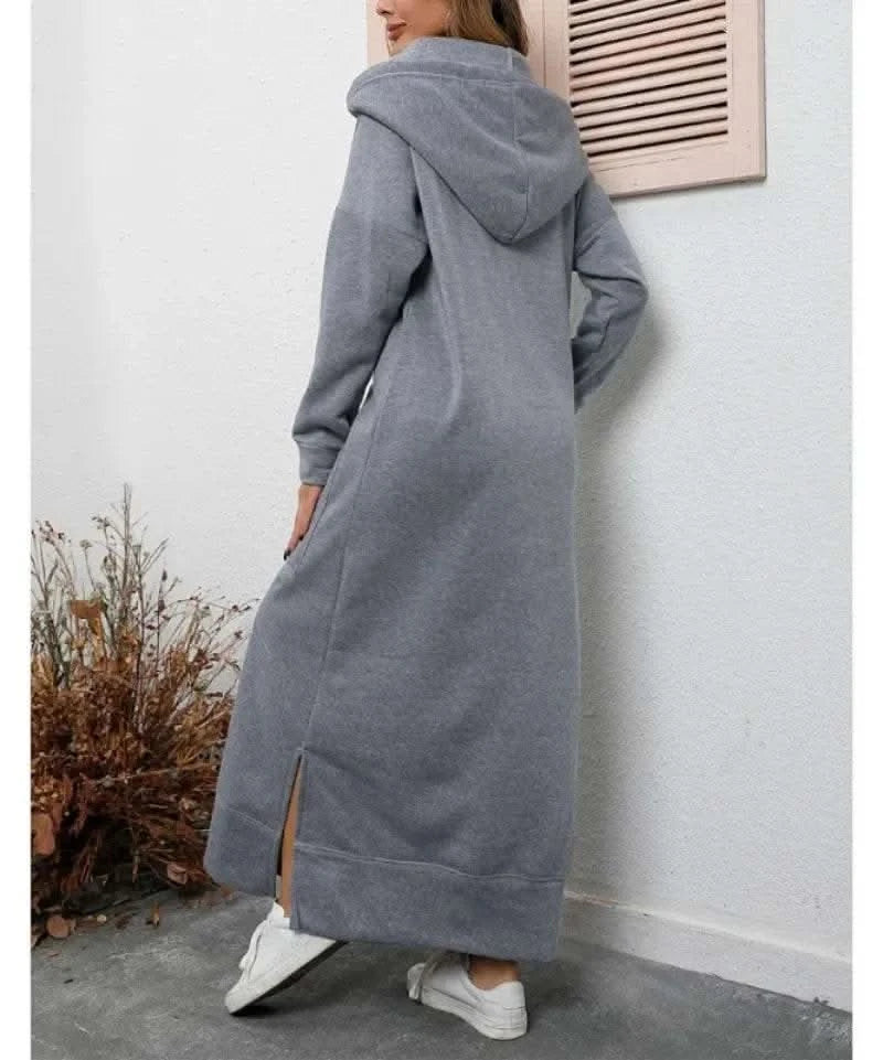 Autumn and Winter New Loose Size Knitted Hooded Long Dress Plush Casual Fashion Dress Large Pocket Skirt Women's Wear - M & M Global
