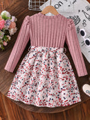 Spring and Autumn Girls' Simple Casual Versatile Knitted Round-Neck Long-Sleeve Floral Dress, Everyday Casual Dress for Girls, Can Be Used as a Holiday Gift, Eid, Easter, Carnival, Spring Festival