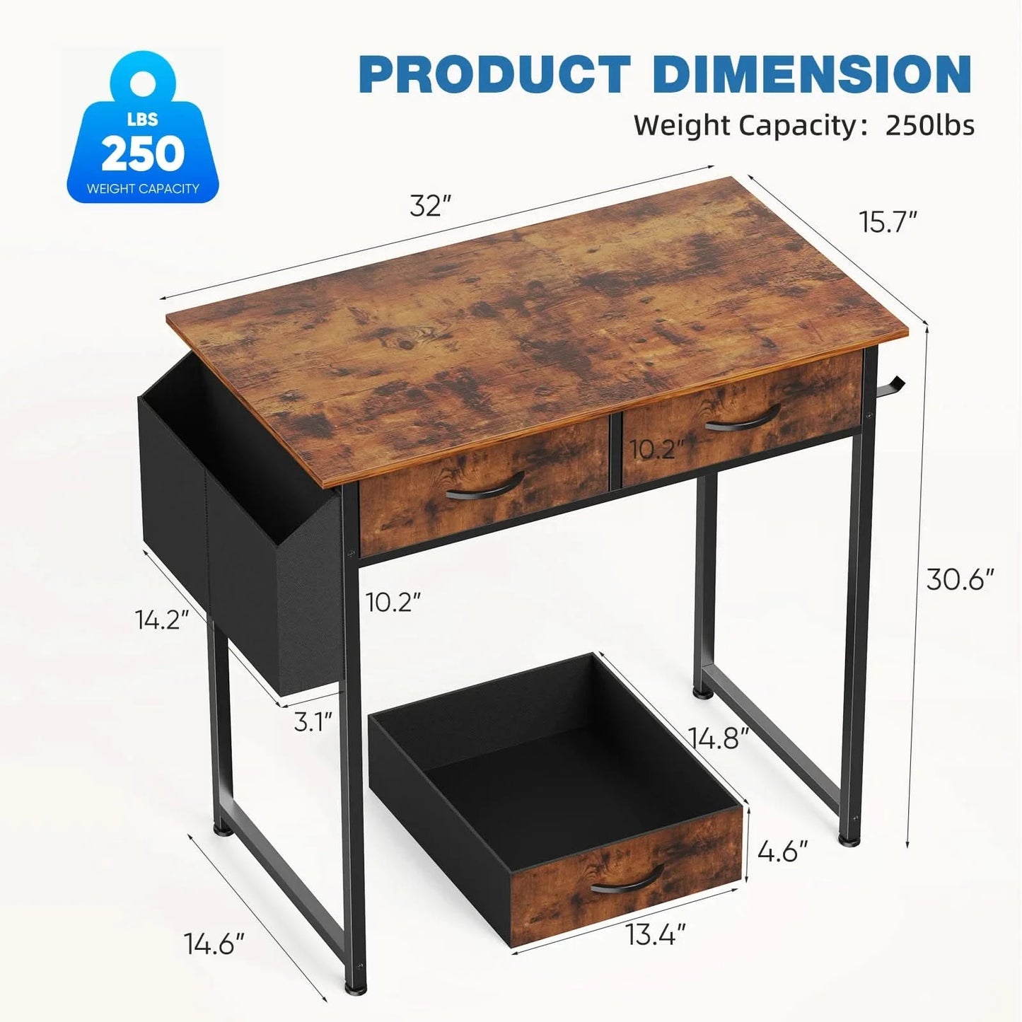 JHK 32 Inch Modern Office Computer Desk with Fabric Storage Drawers Space Side Bag Metal Frame Adjustable Feet For Home PC Table