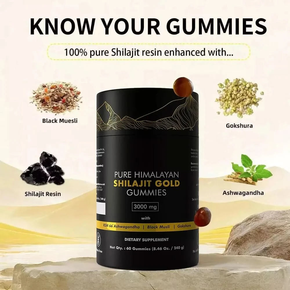 Pure Himalayan Shilajit Gummies, 3000 Mg Gold Grade Shilajit with Ashwagandha, Gokshura for Energy and Immune Support - M & M Global