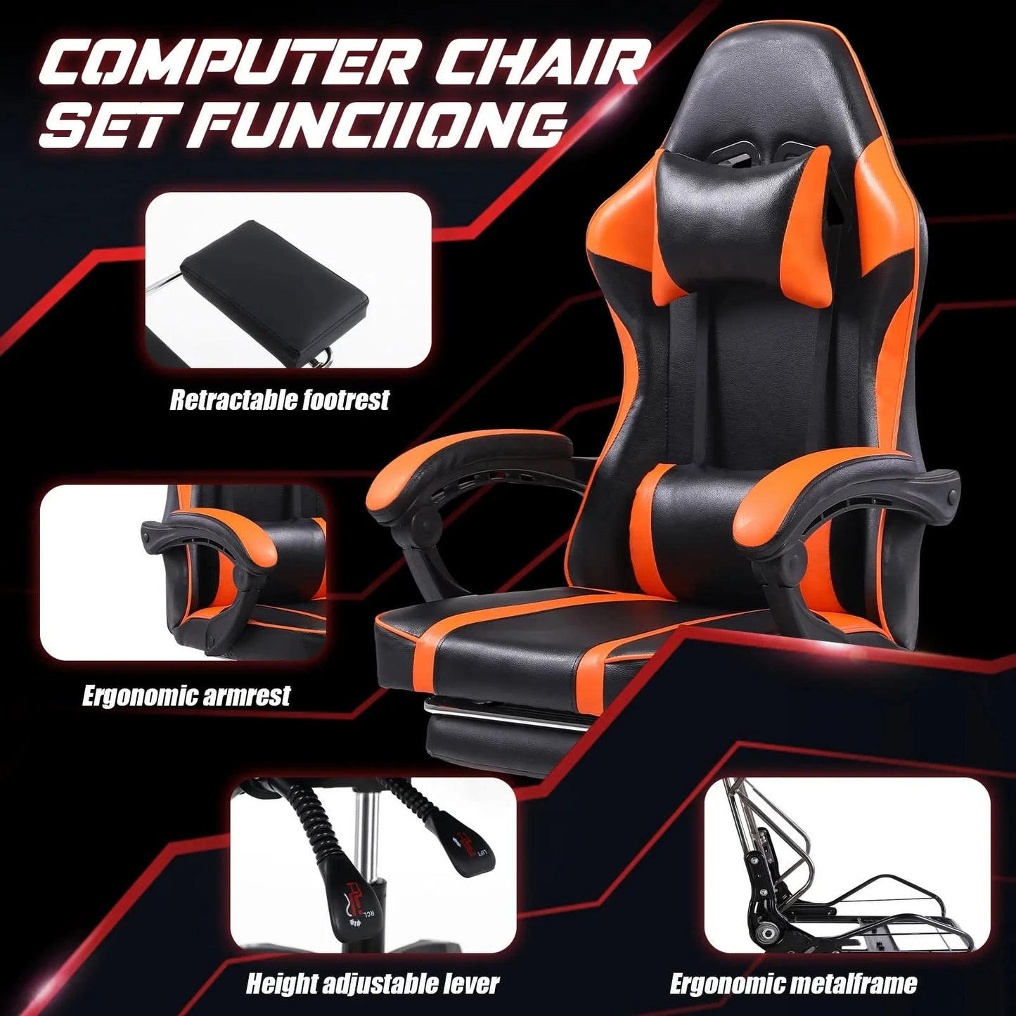 Gaming Chair, Computer Chair with Wheels, Adjustable Height Pu Leather Gamer Chair Office Desk Chair