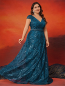 Plus Size Elegant Sequins V-back Cap sleeve Evening Dresses Women Luxury Long A-line Formal Prom Wedding Party Cocktail Gowns