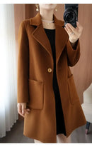 Plus Size Women's Long Sleeve Woolen Coat Pure Color Slim Fit Midi Length Spring New Style Compact Size Versatile Quality Pol...