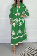 Women's Printed Loose Ethnic Retro Dress Spring Autumn V Neck Button A-Line Long Dress Summer 3/4 Sleeve Bohemian Maxi Dresses - M & M Global