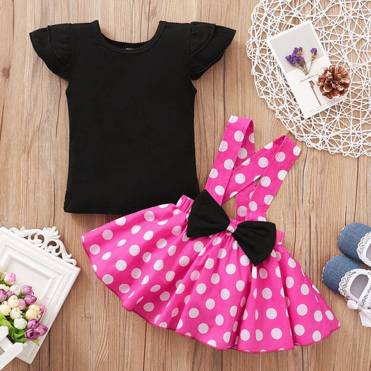 Toddler 1-5 Year Old Girl Round Neck Flying Sleeve Top+Dot Bow Strap Skirt Piece Suitable for Travel and Travel Girl Summer Set - M & M Global