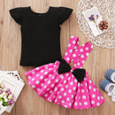 Toddler 1-5 Year Old Girl Round Neck Flying Sleeve Top+Dot Bow Strap Skirt Piece Suitable for Travel and Travel Girl Summer Set - M & M Global