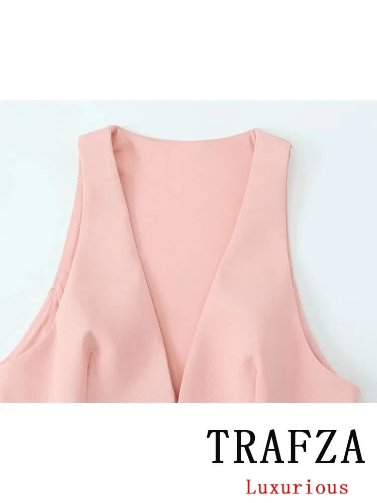 TRAFZA Vintage Chic Solid Women Suit V Neck Sleeveless Sashes Vest Blazer Straight Shorts New Fashion 2025 Summer Office Sets - M & M Global